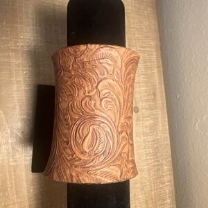 Vintage Brass & Hand Tooled Floral Embossed Leather Wide Cuff Bracelet Cowgirl